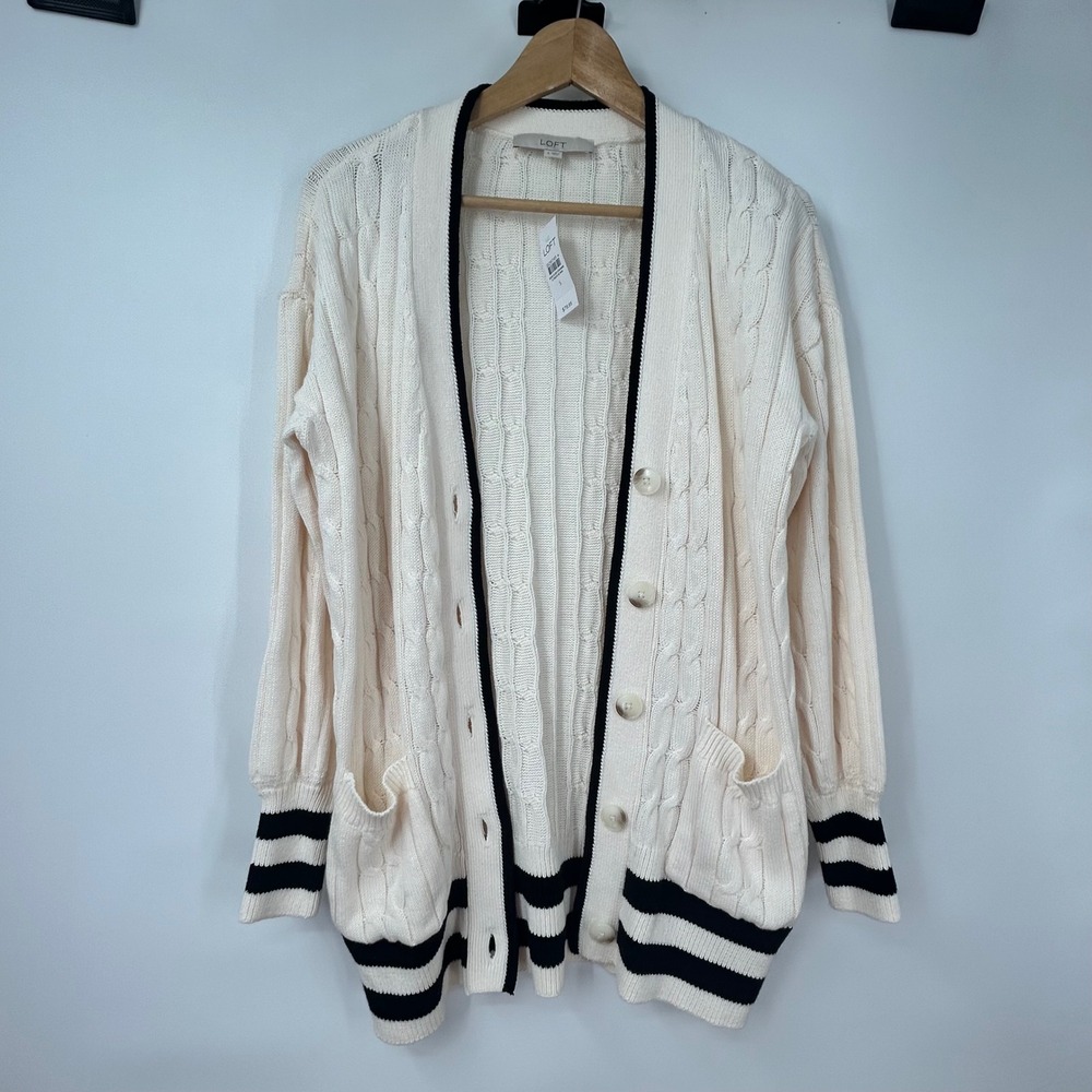 LOFT Womens Cable Knit Varsity Cardigan Sweater Cream Black Trim NWT Size S